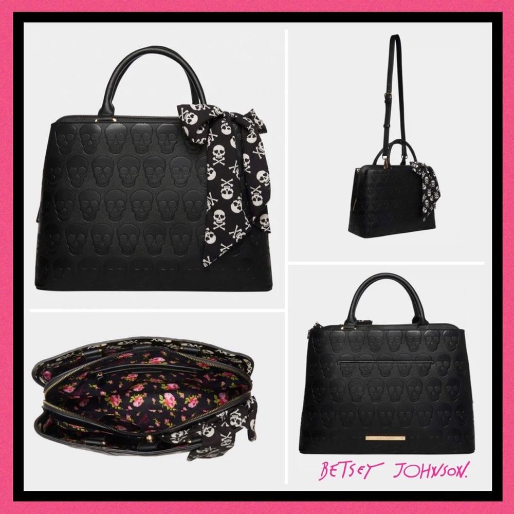 Betsey Johnson Skulltastic Skull Black Purse Satchel Handbag with scarf
